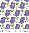 Seamless pattern with different stationery, pencil, brush, books, pen, eraser, magnifying glass. Hand drawn black objects on green background. Education Back to School. For wrapping, fabric, wallpaper 128126547