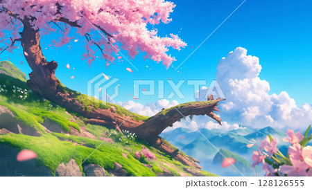 山腰上腐爛的櫻花樹，動漫風格 128126555
