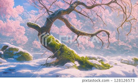 Decaying cherry tree on snowy mountain, anime style 128126573