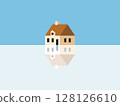Minimalist House Illustration with Reflection on River. 128126610