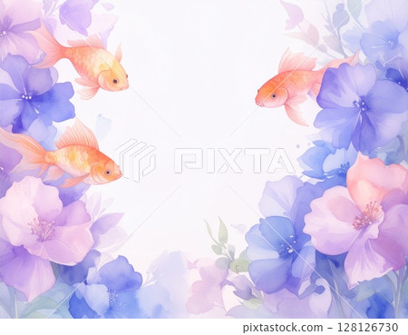 Watercolor background illustration of a summer image with goldfish swimming 128126730