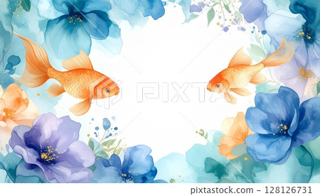 Watercolor background illustration of a summer image with goldfish swimming 128126731
