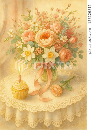 燭光紙杯蛋糕和優雅的花卉畫 128126815