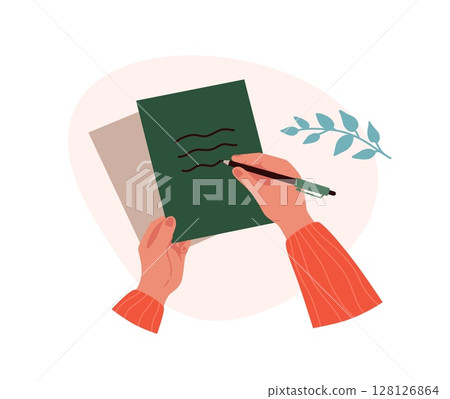 Hands making notes. Human arm holding pen or pencil. Reminder in notebooks. Stationery top view. Woman writing letter and signing postcard. Scrapbooking hobby. Diary memo. Vector concept Hands making notes. Human arm holding pen or pencil. Reminder in notebooks. Stationery top view. Woman writing letter and signing postcard. Scrapbooking hobby. Diary memo. Vector concept 128126864