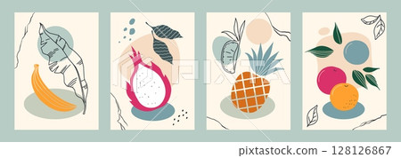 Abstract fruit posters. Banana and pineapple, fresh oranges and exotic dragon fruit. Floral background with jungle leaves. Contemporary botanical wall art. Vector cartoon illustration 128126867
