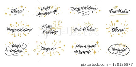 Celebrate icons. Text letter banner. Calligraphy congratulations. Party label with typography word. Admiration phrase type. Compliments and wishes. Vector holiday design elements set 128126877