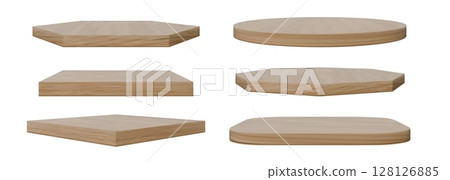 Wooden podium set. Realistic minimalist empty pedestal different forms. 3D round square stage for presentation ecological natural product. Store showcase. Vector isolated illustration 128126885