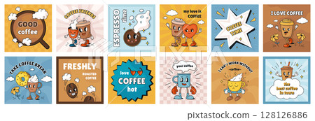 Coffee stickers. Retro cartoon poster, cute cafe social media post or shop mascot for art menu design square template. Smile 70s, 90s label. Beverage mascot. Vector cute comic illustration 128126886