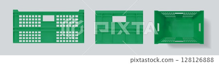 Storage crate. Plastic box. Warehouse or supermarket rectangular basket. Realistic package. Fruit market container top and side views. Empty 3D pallet. Vector isolated packaging mockups set 128126888