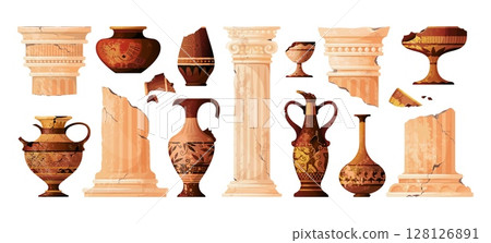 Broken column set. Roman pillar, ancient vase and greek historic objects. Greece old crockery, athens amphora. Artifact urns with characters. Vector traditional isolated museum collection Broken column set. Roman pillar, ancient vase and greek historic objects. Greece old crockery, athens amphora. Artifact urns with characters. Vector traditional isolated museum collection 128126891