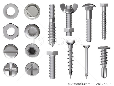 Steel rivet. Nut screw. Nail bolt head or 3d iron pin. Stainless tool types. Realistic metal washer cap. Allen construction. Hexagon fastening. Hardware assortment. Vector fasteners set 128126898