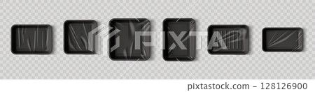 Food package. Plastic meat tray. Frozen meal 3D pack box or ready vegetables black container. Vacuum fish disposable wrapper. Clear polythene cover. Vector packaging empty mockups set Food package. Plastic meat tray. Frozen meal 3D pack box or ready vegetables black container. Vacuum fish disposable wrapper. Clear polythene cover. Vector packaging empty mockups set 128126900