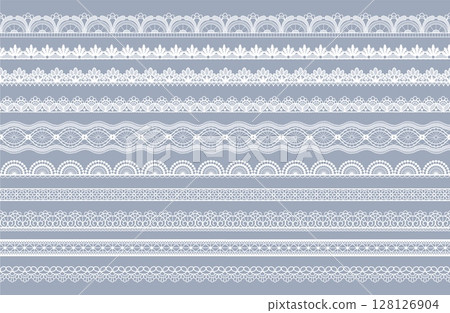 Lace border. Vintage white frame. Wedding pattern stripe or lacy tape. Lacework decoration. Horizontal tatting. Geometric jacquard ornament. Embroidery print. Vector seamless ribbons set Lace border. Vintage white frame. Wedding pattern stripe or lacy tape. Lacework decoration. Horizontal tatting. Geometric jacquard ornament. Embroidery print. Vector seamless ribbons set 128126904