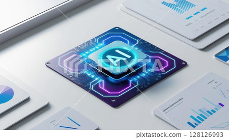 clean flat lay featuring AI symbols, glowing pathways, and analytics tools on white surface, creating futuristic and innovative atmosphere 128126993