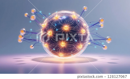 glowing neural network sphere with interconnected AI nodes and data streams, set against clean gradient background 128127067