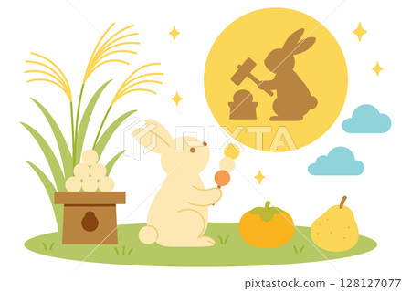 Autumn illustration of a rabbit holding a moon viewing dumpling and a full moon 128127077