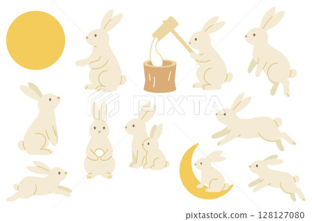 Illustration set of the moon and a rabbit pounding mochi 128127080