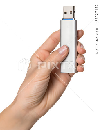 Hand holding usb flash drive, data storage device isolated on transparent background, technology, file transfer, portable memory stick 128127152