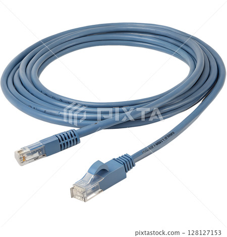 Coiled blue ethernet cable for network connection, isolated on transparent background, internet technology, high-speed data transfer, computer networking 128127153