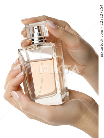 Woman's hand holding elegant perfume bottle, isolated on transparent background, luxury fragrance, beauty product, fashion and cosmetics 128127154