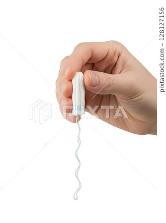 Hand holding tampon representing feminine hygiene and menstruation, isolated on transparent background, period care concept, women's health, sanitary product 128127156
