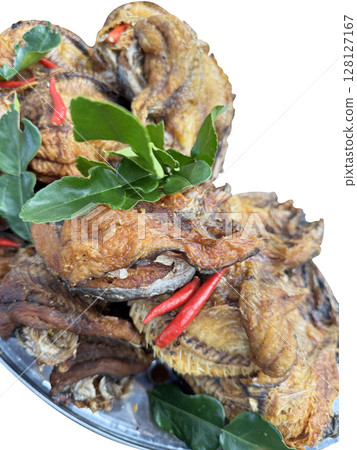 Top view of Sour and Spicy Smoked Dry Fish Soup, focus selective 128127167