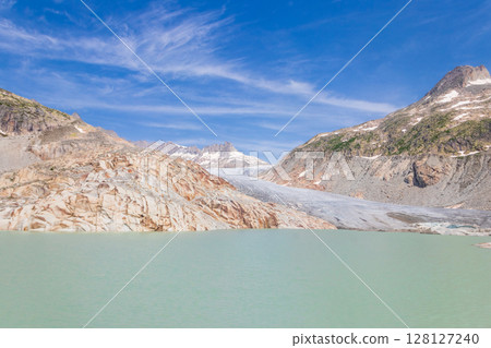 View of the Rhone Glacier and the glacial lake at Furka Pass in the Swiss Alps in canton of Valais, Switzerland 128127240