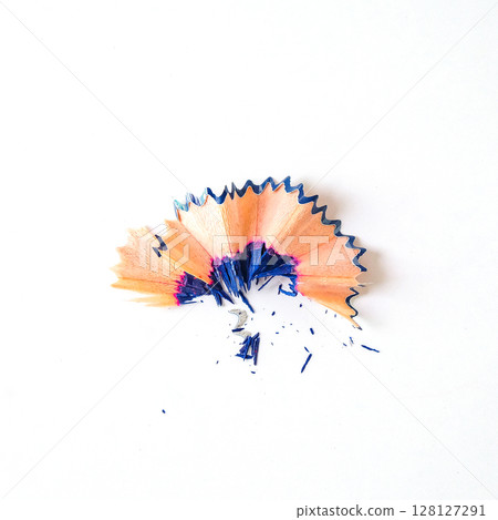 Blue pencil tip shavings from sharpener on white background . Blue pencil tip shavings from sharpener on white background . 128127291