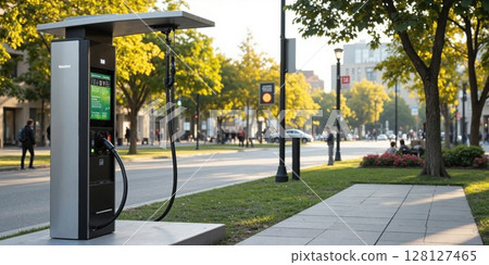 Sustainable Energy - Solar-Powered Charging Station in Urban Park A solar-powered charging station is installed in a public park, allowing 128127465