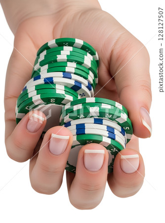 Hand holding stack of poker chips, casino and gambling concept, isolated on transparent background, betting, poker tournament 128127507