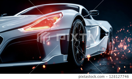 Futuristic white supercar with red lights 128127746
