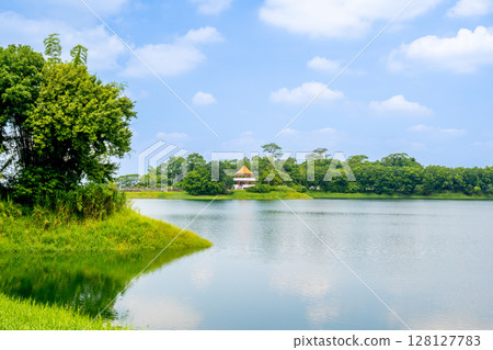 2025年台灣嘉義市。清晨，蘭潭水庫波光粼粼，樹木茂密。 128127783