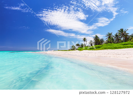 Amazing white sand beach and turquoise Caribbean sea in Cap Cana, Dominican Republic. Holiday beach concept. Amazing white sand beach and turquoise Caribbean sea in Cap Cana, Dominican Republic. Holiday beach concept. 128127972