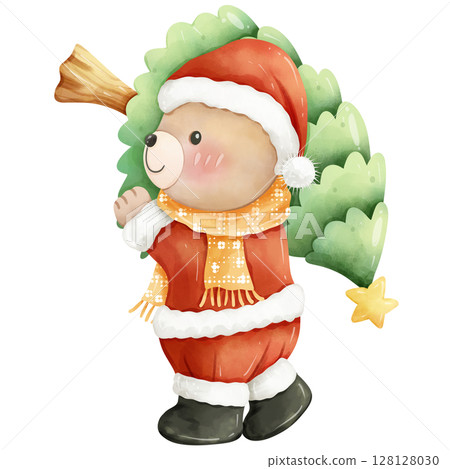 Hand-painted watercolor Christmas themed bear cartoon 128128030
