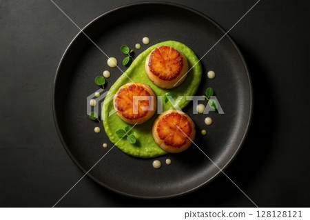 Elegant Trio of Seared Scallops on Vibrant Pea Puree with Delicate Microgreen Garnish 128128121
