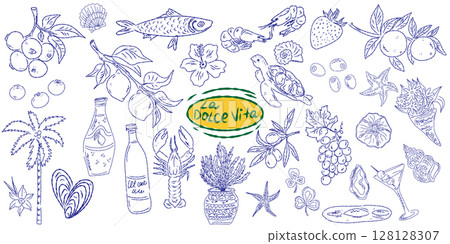 Whimsical hand drawn sketch set inspired by Mediterranean lifestyle. Includes food, drinks, flowers, summer decor and travel elements. Perfect for branding, packaging, prints, and stickers. 128128307