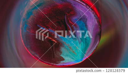 Flow substance. Pigment spill. Defocused red blue purple colorful ink rainbow sparkling round neon droplets floating on abstract creative background. 128128379