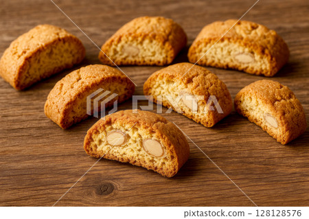 Delicious Almond Cantuccini Cookies on a Rustic Wooden Table. 128128576