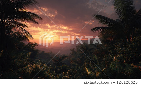 Fiery sunset over a tropical jungle 128128623