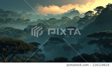 A dense jungle shrouded in ethereal morning mist 128128628