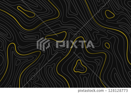 Abstract gold and gray line topographic contours on black background 128128773