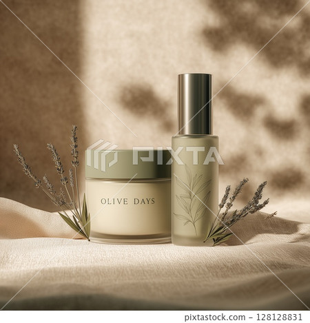 Mockup of skincare products on fabric with copy space 128128831
