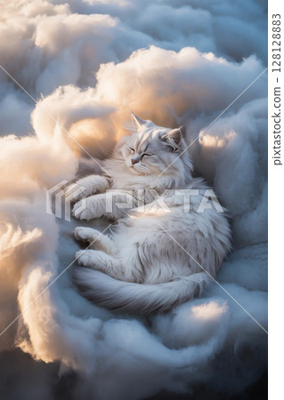 Calm white cat resting on the clouds 128128883