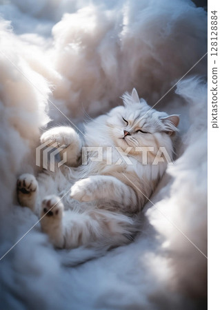 Serene snow-colored feline lounging among the clouds Serene snow-colored feline lounging among the clouds 128128884