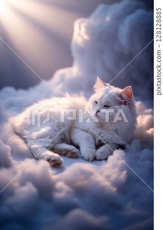 Peaceful white cat napping softly on a fluffy sky Peaceful white cat napping softly on a fluffy sky 128128885