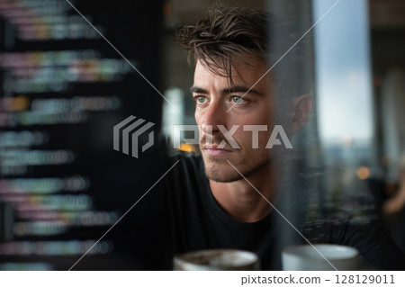 A person is seated at a laptop displaying complex code on the screen, surrounded by a blurred workspace with a beverage nearby. The scene reflects modern programming, focus, and tech-driven workflow. 128129011