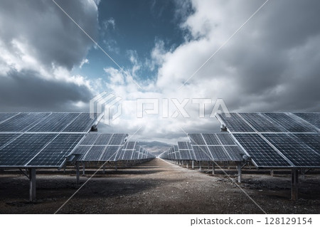Rows of solar panels span a rocky, barren landscape beneath a partly cloudy sky. The symmetrical layout and dry terrain highlight efficient energy generation in challenging natural conditions. 128129154