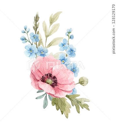 Watercolor floral bouquet with poppy, chamomile and blue flowers perfect for wedding invitations, greeting cards, wall art, packaging and digital design 128129170