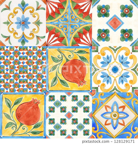 Seamless tile collage with watercolor pomegranate and geometric Mediterranean elements. Great for textiles, wall art, packaging and kitchen design 128129171