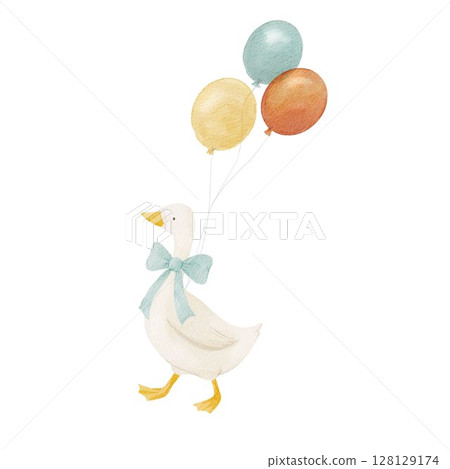 Adorable duck with colorful balloons and a big bow. Perfect for baby shower art, kids invitations, or nursery prints in soft pastel style. Adorable duck with colorful balloons and a big bow. Perfect for baby shower art, kids invitations, or nursery prints in soft pastel style. 128129174